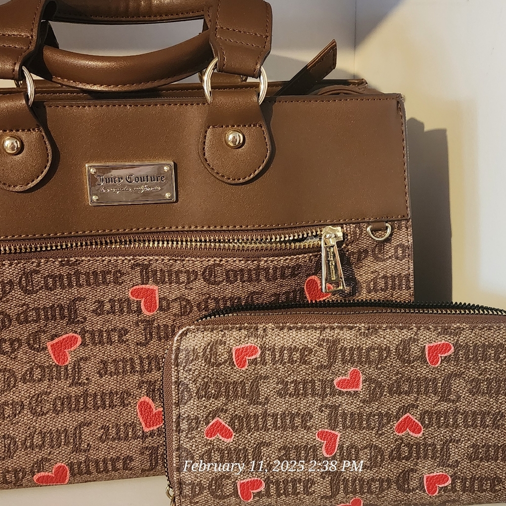 Juicy Couture Brown shoulder bag with heart and matching wallet set